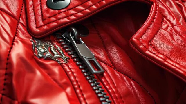 close-up of a stylish red leather jacket highlighting zip and texture