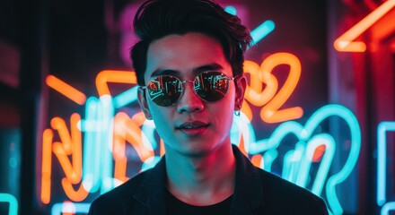 Stylish man in sunglasses on a bright background illuminated by neon light