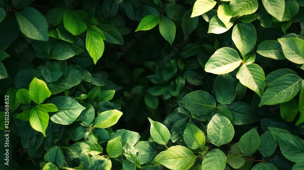 Poster lush green foliage background with varying shades and sunlight patterns.
