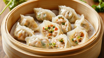 Traditional Chinese dumplings with pork and vegetables. Featuring a savory and comforting dish. Highlighting the texture and flavors of the dumplings. Ideal for food and cultural themes.