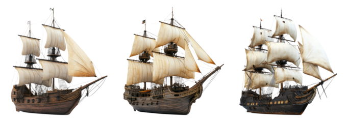 Three Vintage Sailing Ships Isolated on Transparent Background