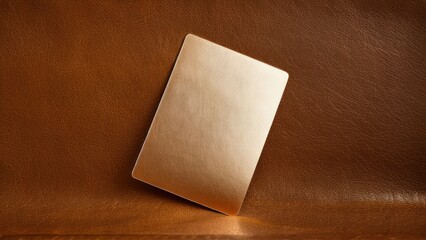 Elegant polished metal card mockup resting on textured brown leather.