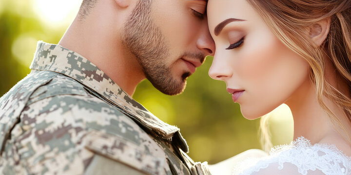 Man in military uniform embracing a woman in a dress. Love, an officer's wife, return from the army or from the war, Wedding, marriage
