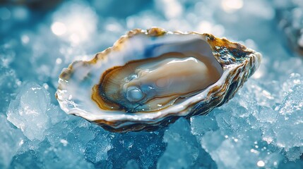 Fresh oyster on ice, seafood delicacy, market display, cool background