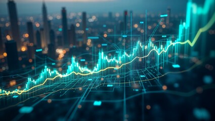 Glowing financial stock market chart with ascending graphs against blurred city skyline at night, futuristic digital illustration