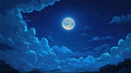 Luminous full moon over cloudy night sky