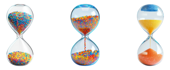 Colorful Hourglasses Filled with Vibrant Grains on Clear Background