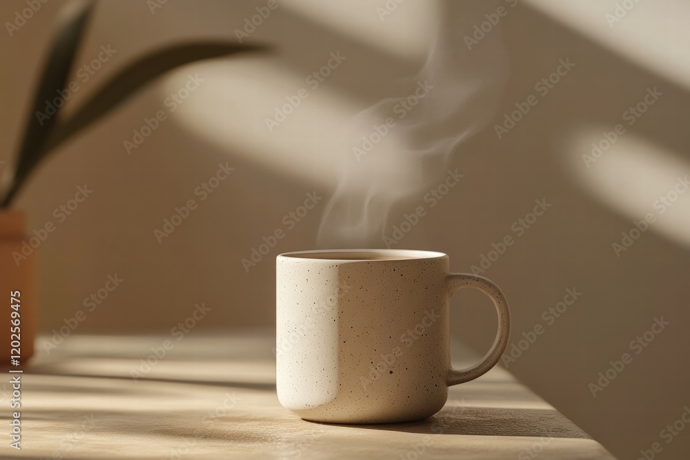 Poster Warm coffee in a cozy setting with soft shadows from indoor plants during morning light. Generative AI