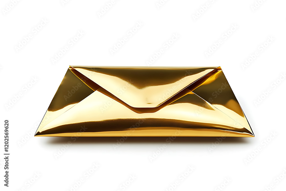 Poster Shiny gold envelope open with a triangular flap, showcasing a luxurious and elegant design isolated on a white background