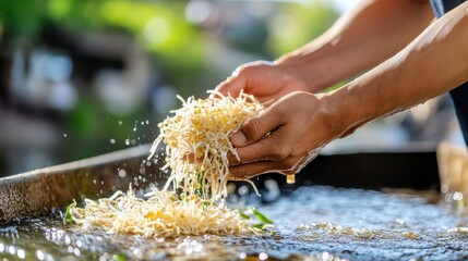 Cleaning bean sprouts by the river, a vibrant cultural tradition shines