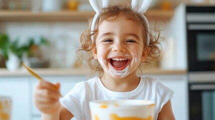 Joyful moments of a child decorating Easter eggs with a family