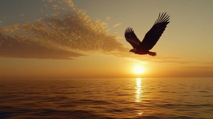 Majestic eagle soaring over sunset ocean