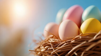 Fototapeta premium Colorful Easter eggs nestled in a woven basket under a sunlit sky