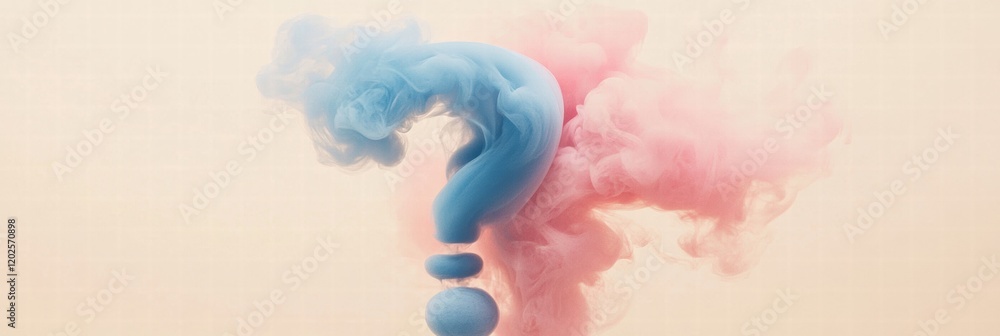 Fototapete Clouds of pink and blue smoke create a question mark shape against a light background in an artistic display of color and mystery. Generative AI