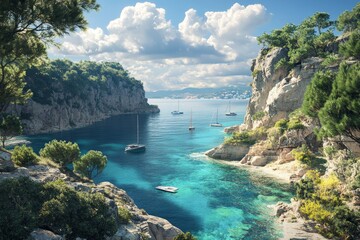 Breathtaking mediterranean coastal landscape with turquoise waters and rocky cliffs under bright sky