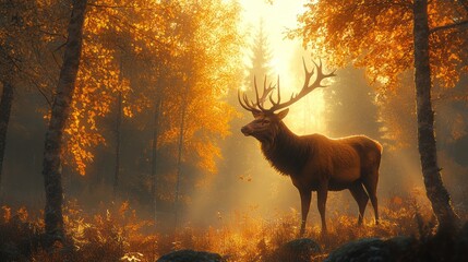 Majestic stag sunrise autumn forest mist nature scene