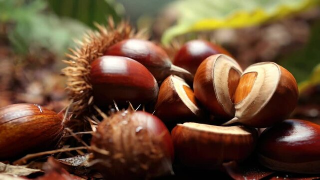 shiny chestnuts nestled among autumn leaves