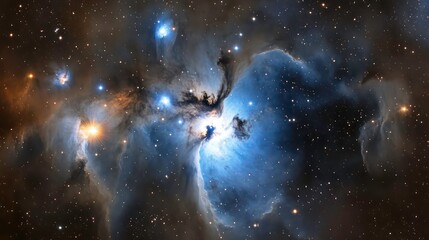 Naklejka premium Stunning cosmic nebula with vibrant blue and orange hues, showcasing intricate gas and dust formations amidst a backdrop of countless stars.
