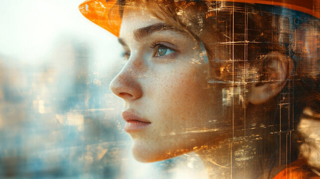 A modern and dynamic multiple exposure of a woman construction worker symbolizing Labor Day with blurred motion, representing hard work, dedication, and progress in the construction industry

