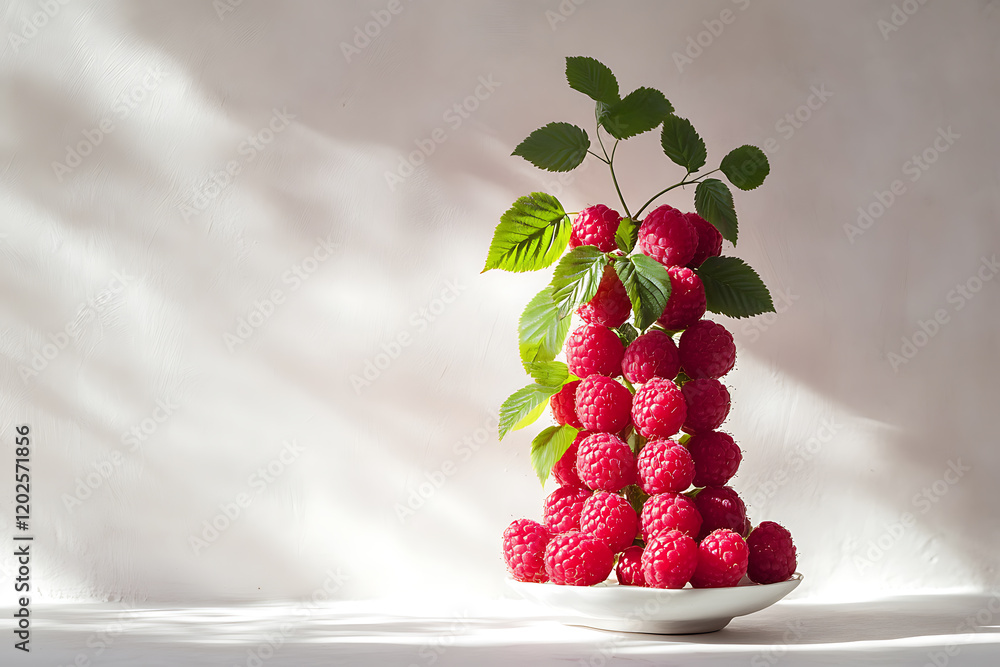 Poster stack of fresh raspberries with leaves isolated on a white background