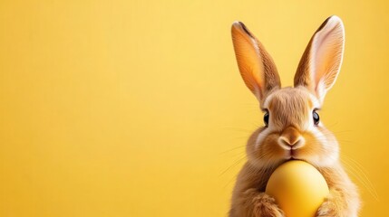 Obraz premium Happy easter celebrations with a cute bunny holding an egg in springtime