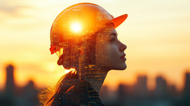 A modern and dynamic multiple exposure of a woman construction worker symbolizing Labor Day with blurred motion, representing hard work, dedication, and progress in the construction industry

