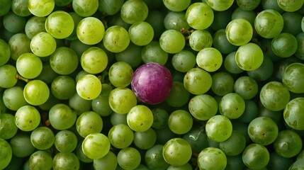   A close-up of a cluster of green grapes with a red apple in the center