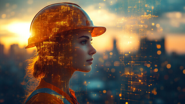 A modern and dynamic multiple exposure of a woman construction worker symbolizing Labor Day with blurred motion, representing hard work, dedication, and progress in the construction industry

