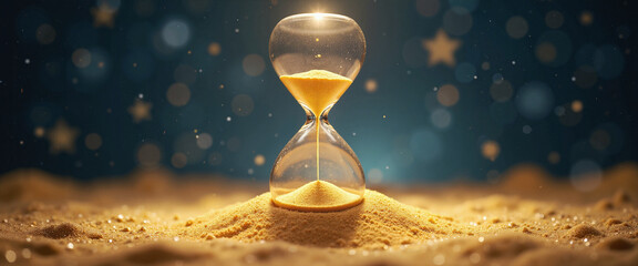 Hourglass surrounded by golden sand depicting the passage of time with a dreamy, ethereal background filled with twinkling stars
