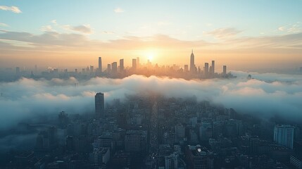 Naklejka premium A breathtaking sunrise over a city skyline shrouded in fog, highlighting urban beauty and tranquility.