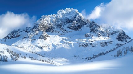 Obraz premium A breathtaking snowy mountain landscape under a clear blue sky.