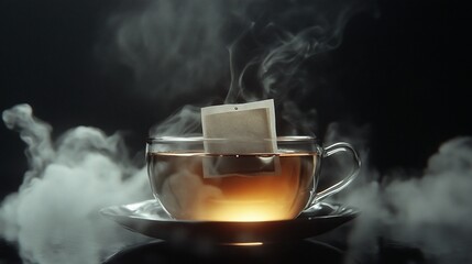 Steaming Cup of Tea with a Tea Bag Infusing in a Clear Glass Cup with Dark Background