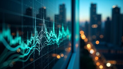 Glowing financial stock market chart with ascending graphs against blurred city skyline at night, futuristic digital illustration
