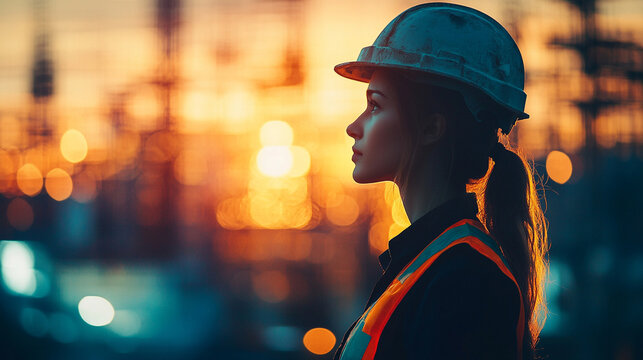 A modern and dynamic multiple exposure of a woman construction worker symbolizing Labor Day with blurred motion, representing hard work, dedication, and progress in the construction industry

