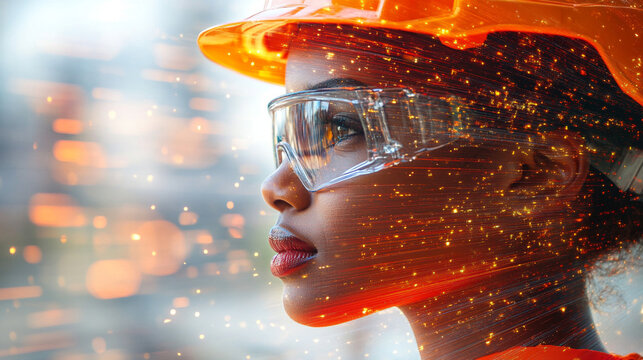 A modern and dynamic multiple exposure of a woman construction worker symbolizing Labor Day with blurred motion, representing hard work, dedication, and progress in the construction industry

