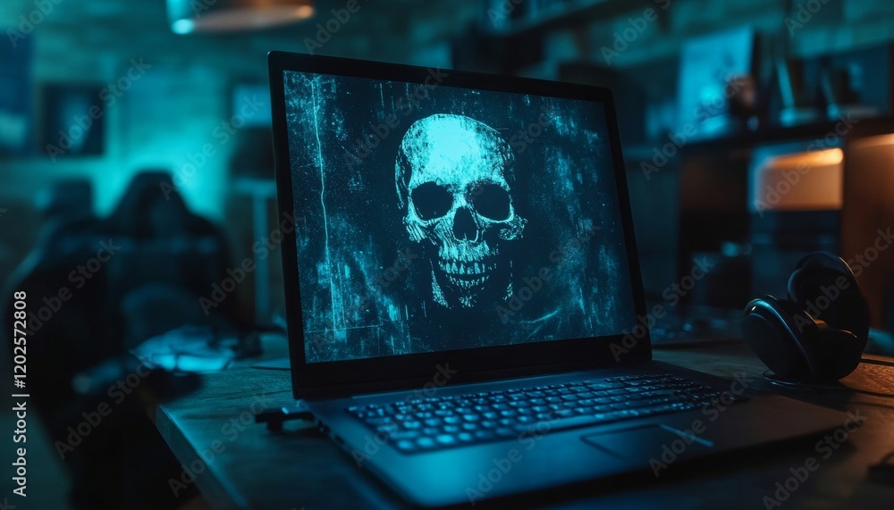 Poster hacked computer showing skull on monitor, symbolizing cyber crime and virus threats in technology