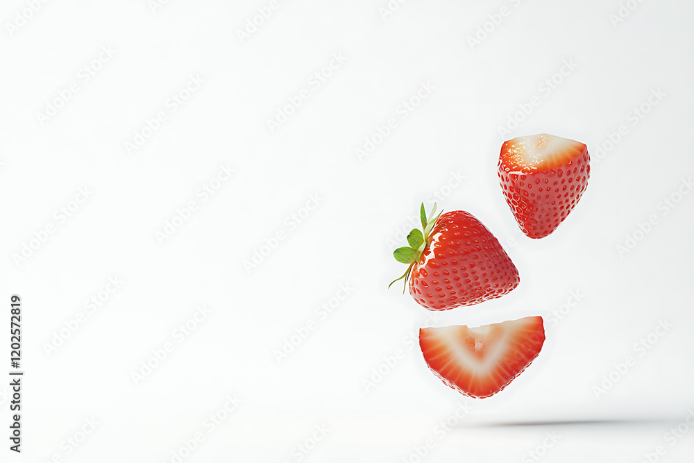 Poster strawberry with half slices falling isolated on a white background