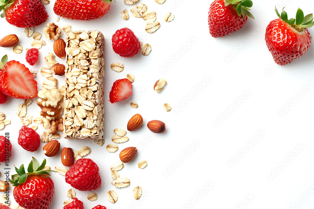 Poster strawberry oat and nut bar isolated on a white background