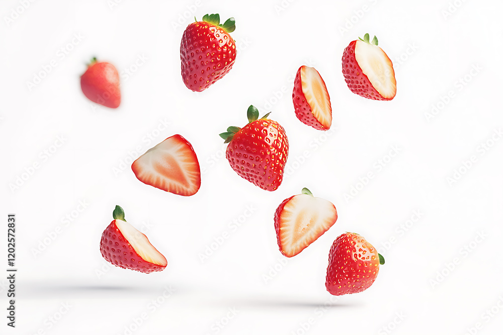 Poster strawberry with half slices falling isolated on a white background