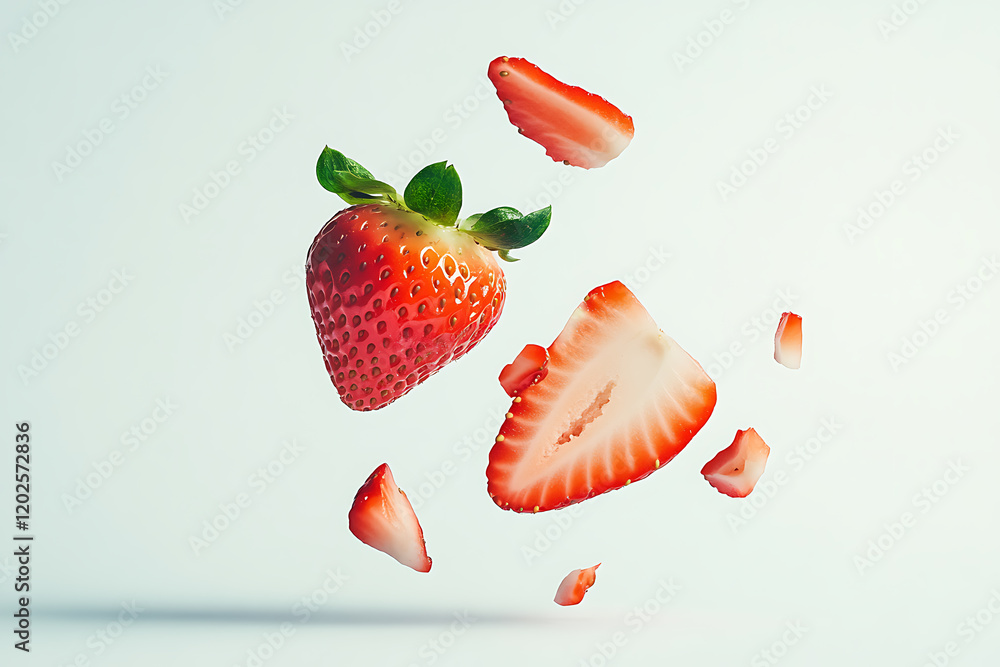 Poster strawberry with half slices falling isolated on a white background
