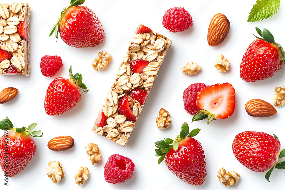 Poster strawberry oat and nut bar isolated on a white background