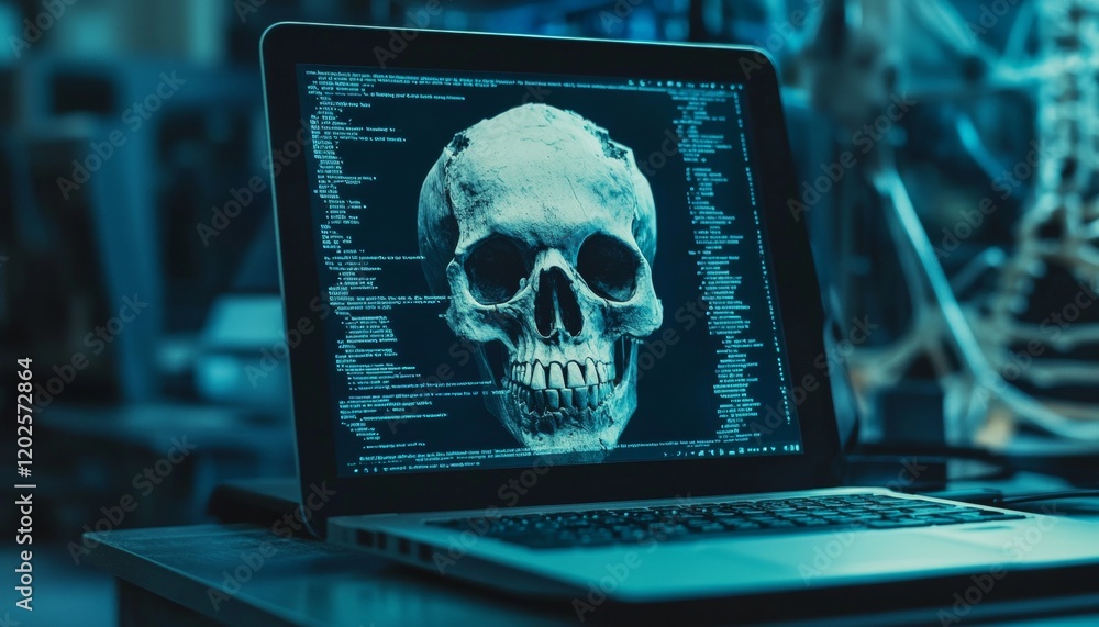 Poster concept of cybercrime illustrated by hacked computer displaying skull and virus errors