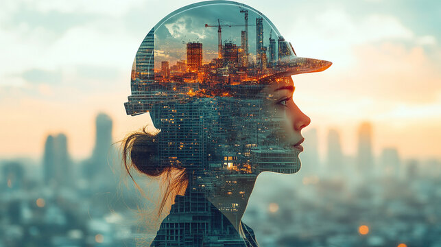 A modern and dynamic multiple exposure of a woman construction worker symbolizing Labor Day with blurred motion, representing hard work, dedication, and progress in the construction industry

