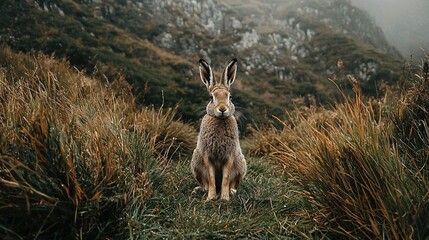   A brown and white rabbit stands atop a grassy hill beside a dense forest of tall blades