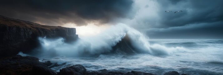 Massive waves surge dramatically against rugged cliffs as dark clouds gather above during the...