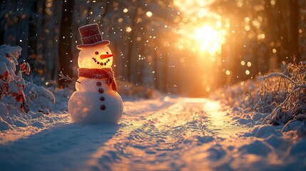 Fototapeta premium A cheerful snowman stands in a snowy forest, illuminated by a warm sunset glow.