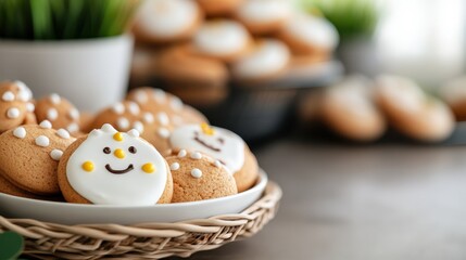 Delightful Easter cookies on a charming rattan plate for spring celebrations