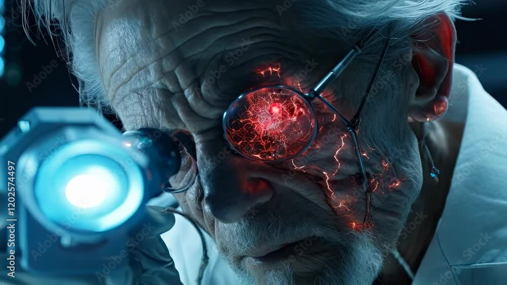 Poster futuristic scientist examining a glowing device with cybernetic enhancements