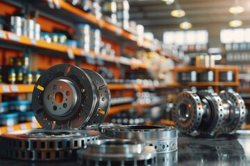 Fototapeta premium 3d visualization of car components brake disk, oil filter, and belt pulleys in store setting