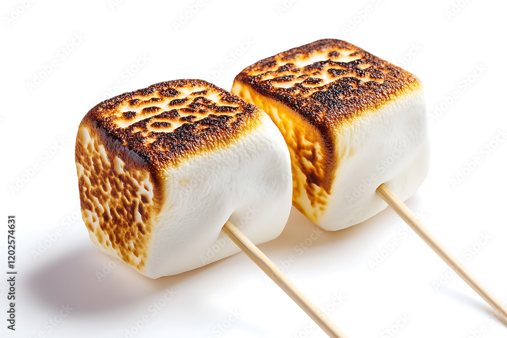 Poster toasted marshmallows on a stick isolated on a white background